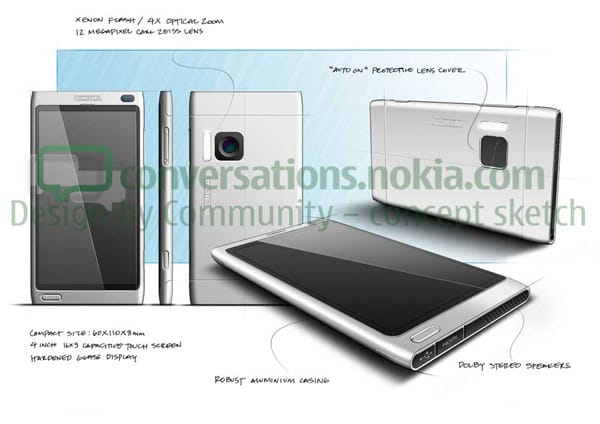 Die erste Design-Studie erinnert stark an das Nokia N8, das Modell ist aber deutlich dünner. Mit 60 x 110 x 8 mm wäre das Handy sehr kompakt. Die Kamera soll nach Kundenwünschen einen Xenon-Blitz, 4x optischen Zoom und eine 12-Megapixel-Auflösung bieten. (Bild: Nokia)