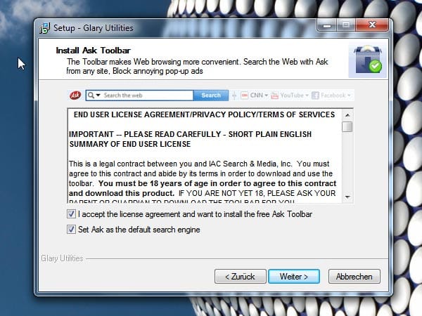Ask Toolbar bei Glary Utilities (Screenshot: t-online.de)
