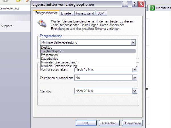 Energieoptionen von Windows XP. (Screenshot: t-online.de)