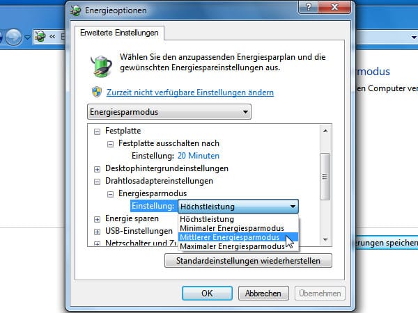 Energieoptionen von Windows 7. (Screenshot: t-online.de)