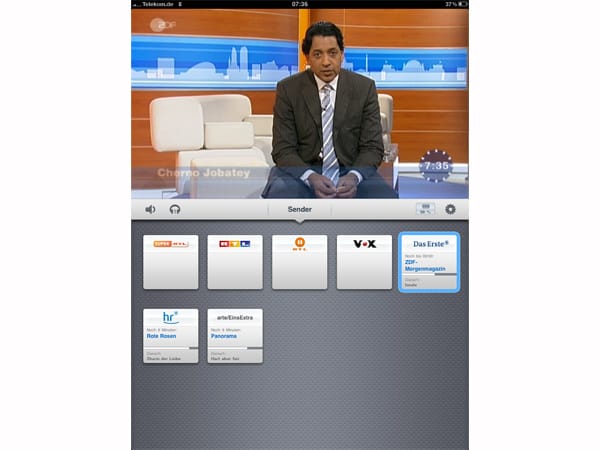 Hochkant zeigt das iPad die Sender mit dem laufenden Programm als Icons mit Senderlogo an. (Screenshot: t-online.de)