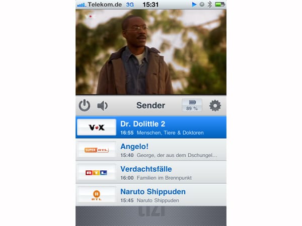 Auf dem iPhone werden die Sender und die aktuellen Sendungen als Balken unter dem Bild angezeigt. (Screenshot: t-online.de)