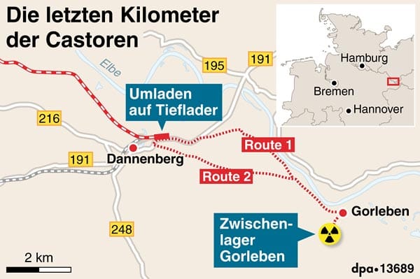 Castor-Transport: Der Weg des Castor-Transports ins Zwischenlager Gorleben. (Grafik: dpa) Castor-Transport: Der Weg des Castor-Transports ins Zwischenlager Gorleben. (Grafik: dpa)