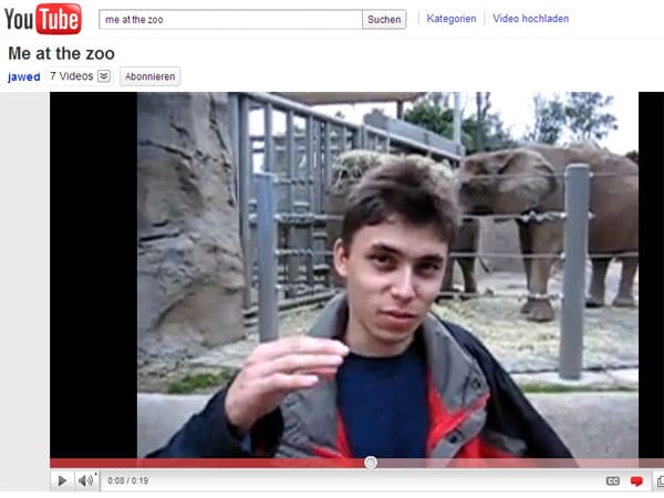 Das erste Video auf YouTube: "Me at the zoo" von Mitgründer Jawed Karim (Screenshot: t-online.de)