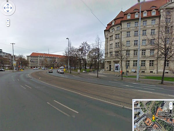 In Leipzig kann man mit Google Street View den Innenstadtring abschreiten. Rechts im Bild die aus den Leipziger Montagsdemonstrationen berüchtigte Runde Ecke am Dittrichring