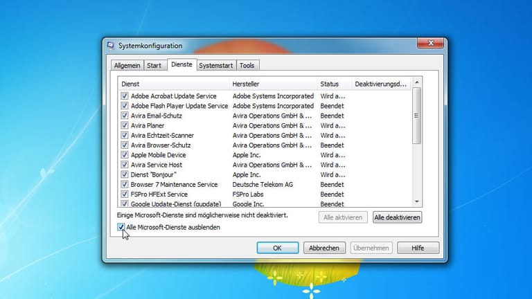 Dienste in Windows 7 abwählen