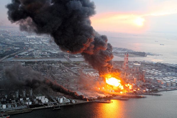 In Chiba gerät durch das Erdbeben eine Ölraffinerie in Brand. (