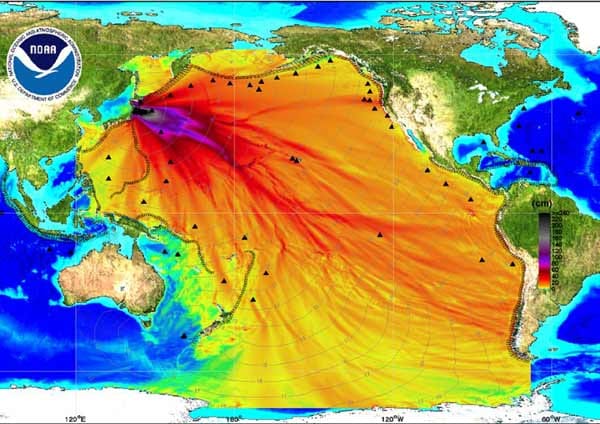 Warnbojen: Die schwarzen Dreiecke zeigen, wo im Pazifik Tsunami-Warnbojen liegen. Die Bojen messen die Höhe des Meeresspiegels, sie sollen gefährliche Wellen erkennen. ( Warnbojen: Die schwarzen Dreiecke zeigen, wo im Pazifik Tsunami-Warnbojen liegen. Die Bojen messen die Höhe des Meeresspiegels, sie sollen gefährliche Wellen erkennen. (