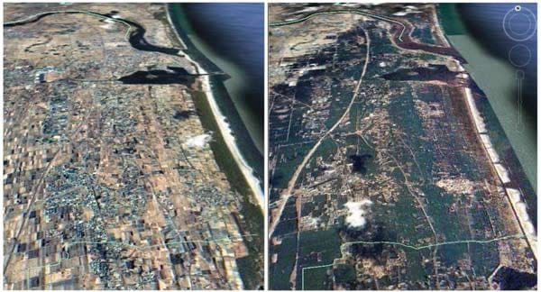 Verwüstungen der Tsunamis: Die Stadt Rikuzentakata an der japanischen Nordostküste vor und nach dem Eintreffen der Wellen. ( Verwüstungen der Tsunamis: Die Stadt Rikuzentakata an der japanischen Nordostküste vor und nach dem Eintreffen der Wellen. (