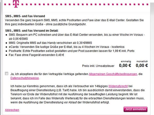 Grundgebühr kostet der Dienst nicht und vor der Anmeldung werden die Kosten für den Versand von Faxen und anderen Nachrichten angezeigt. (Screenshot: t-online.de)