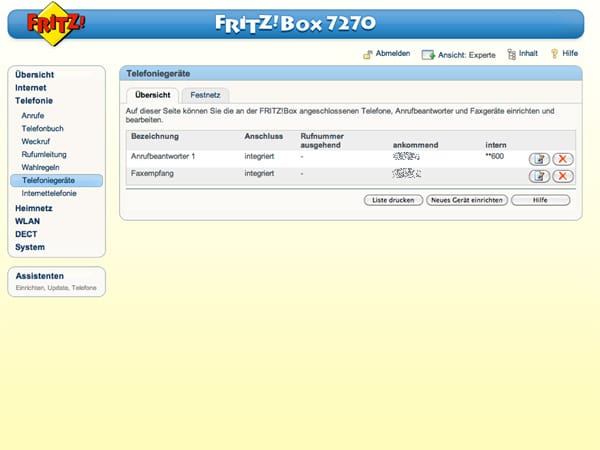 In der Fritzbox mit Telefoniefunktion kann neben einem Anrufbeantworter auch der Faxempfang eingerichtet werden. (Screenshot: t-online.de)