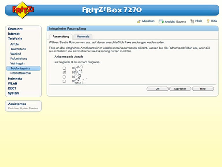 Bei einem Analog- oder ISDN-Anschluss wird die gewünschte Rufnummer der Faxfunktion zugewiesen. Für diese Nummer nimmt die Fritzbox dann Faxe an. (Screenshot: t-online.de)