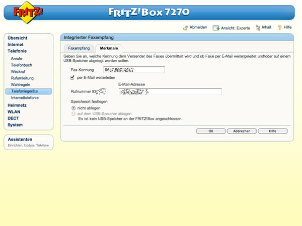 Der Nutzer kann sich die eingegangenen Faxe als E-Mail zuschicken lassen. Das Fax wird von der Fritzbox dabei automatisch in eine PDF-Datei verwandelt und an die voreingestellte E-Mail-Adresse geschickt. (Screenshot: t-online.de)