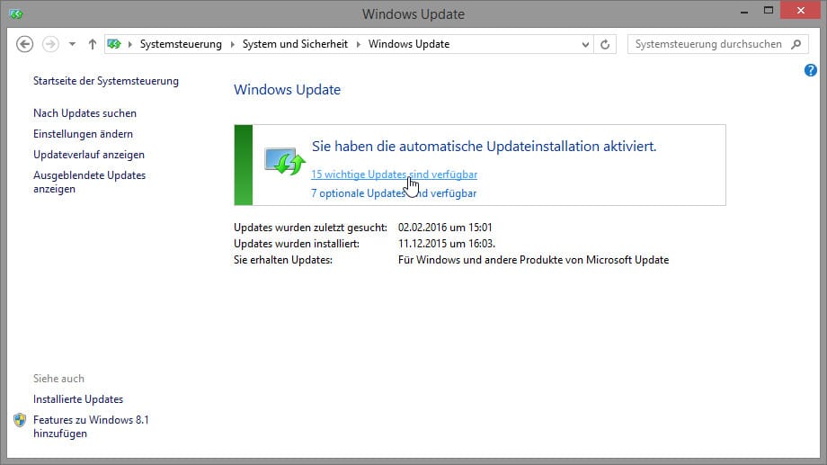 Mit einem Klick auf Updates installieren werden alle verfügbaren Windows-Updates heruntergeladen und installiert.
