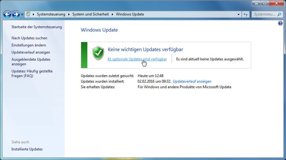 Im Fenster Windows-Update werden Sie auch auf wichtige und optionale Updates hingewiesen.