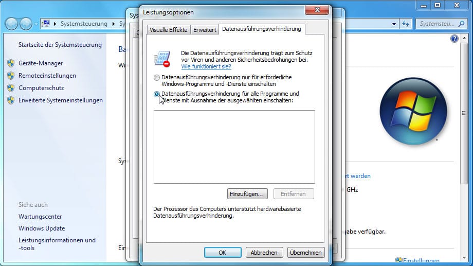 Datenausführungsverhinderung in Windows 7 aktivieren