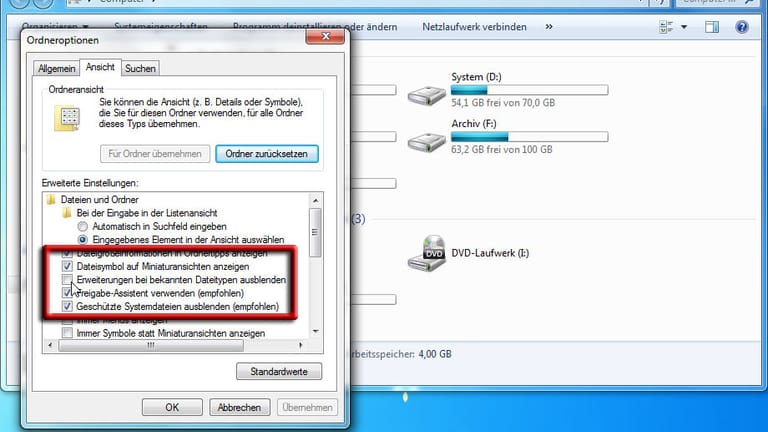 Windows 7: Dateitypen anzeigen.