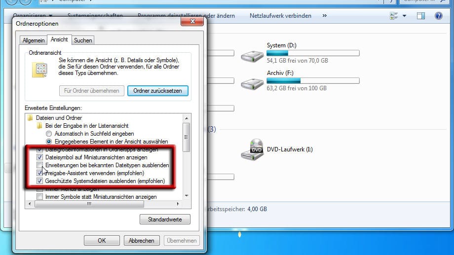 Windows 7: Dateitypen anzeigen.