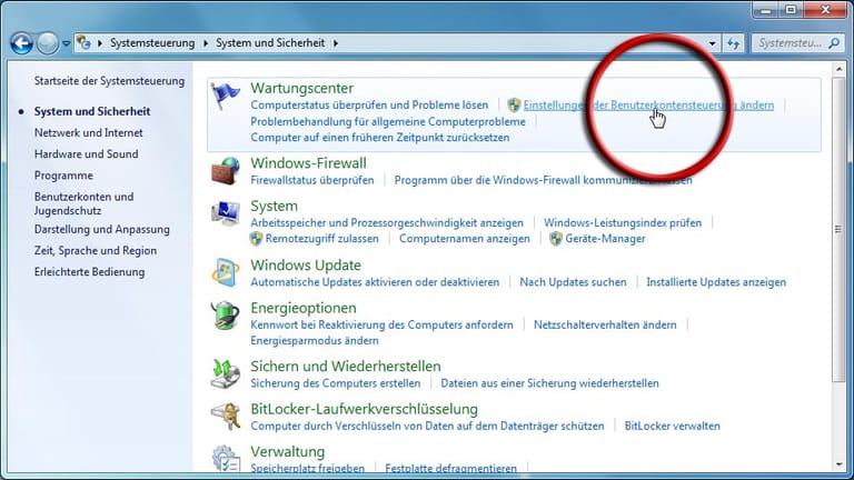 Windows 7: Einstellungen für Benutzerkontensteuerung erhöhen