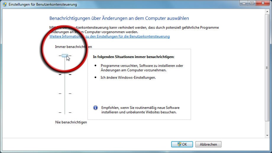 Windows 7: Einstellungen für Benutzerkontensteuerung erhöhen