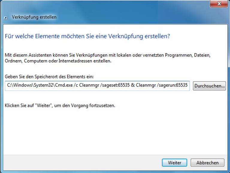 Klicken Sie mit der rechten Maustaste auf eine freie Stelle Ihres Desktops. Wählen Sie Neu, Verknüpfung erstellen. Tippen Sie Folgendes ins Feld: C:\Windows\System32\Cmd.exe /c Cleanmgr /sageset:65535 & Cleanmgr /sagerun:65535 Achten Sie auf die exakte Schreibweise. Klicken Sie auf Weiter und vergeben Sie der Verknüpfung einen Namen, zum Beispiel PC-Reiniger.