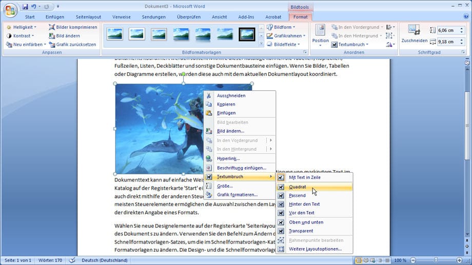 Um den Textfluss zu bestimmen, klicken Sie das Bild mit der rechten Maustaste an.