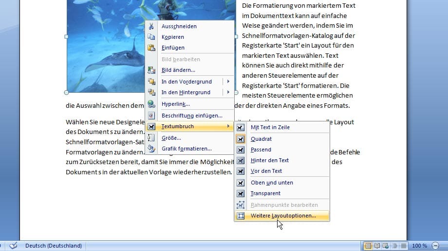 Weitere Layoutoptionen für Bilder in Word.
