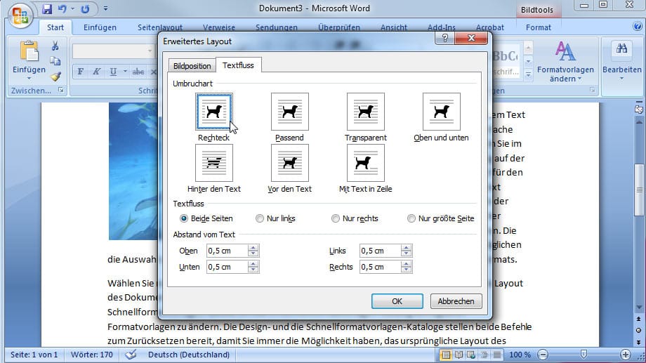 Textfluss in Word einstellen.