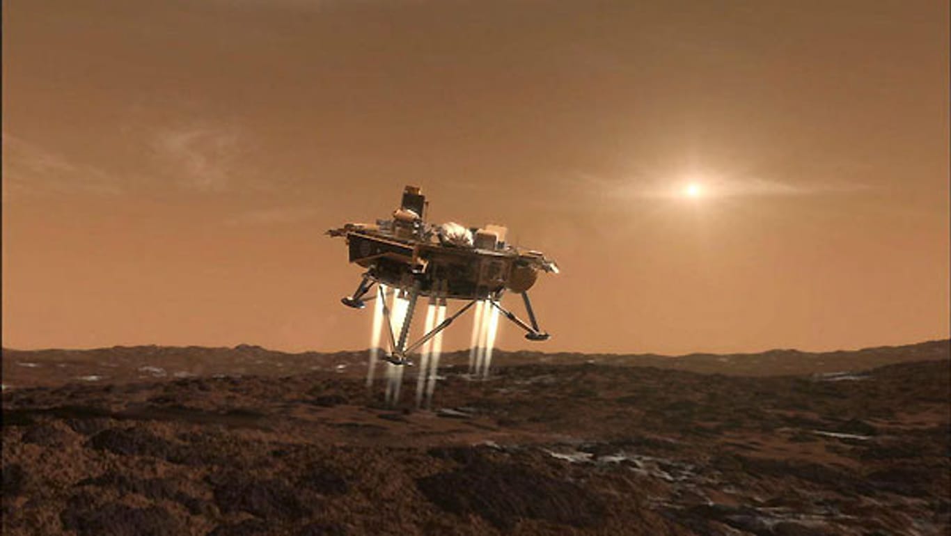 Die künstlerische Darstellung zeigt die Landung der NASA-Sonde "Phoenix" auf dem Mars. Eine bemannte Mission könnte frühestens 2030 realisiert werden
