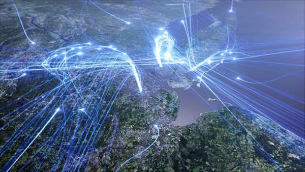Dieses Detailbild zeigt die Starts und Landungen auf den drei Flughäfen von New York innerhalb von 24 Stunden (John F. Kennedy International Airport, Newark Liberty International Airport und La Guardia Airport). Alle 24 Sekunden kommt hier ein Flugzeug an.