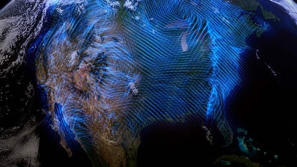 Dieses Bild visualisiert die Windressourcen der USA. Tausende High-Tech-Sensoren liefern Daten, um die besten Plätze für Windkraftanlagen auszumachen.