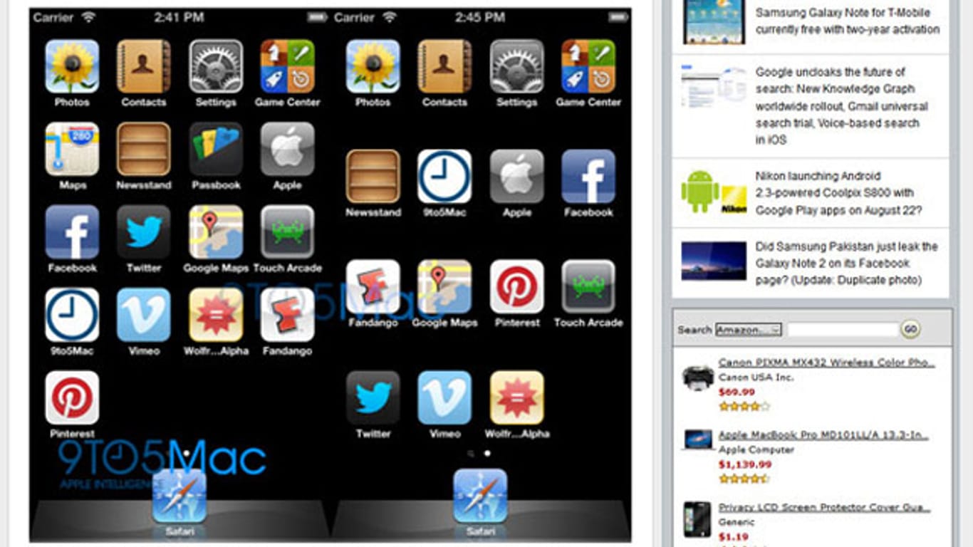 iOS 6 (links) unterstützt fünf Symbolreihen, was für das gestreckte Display des iPhone 5 spricht.