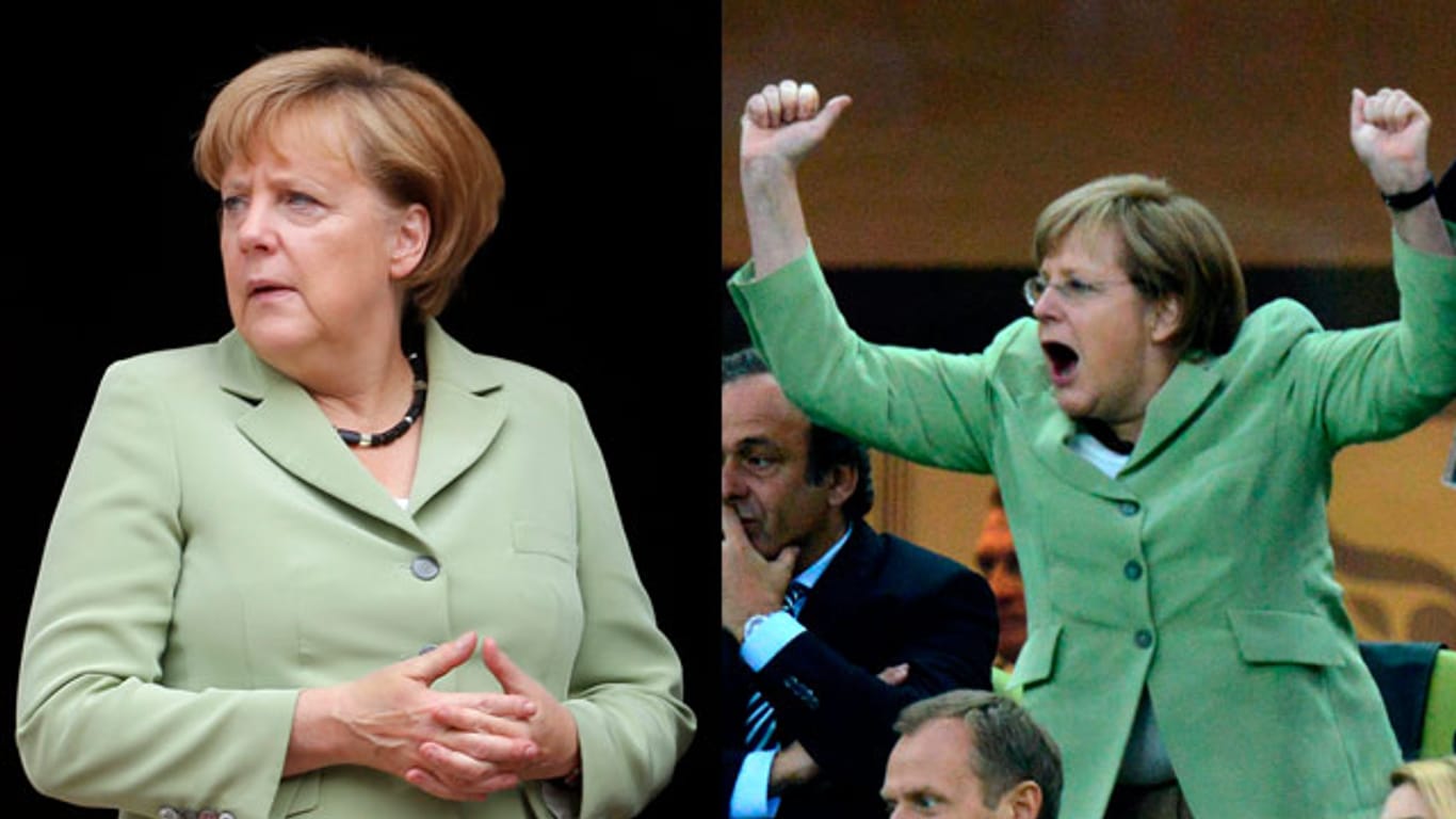 Rechts bejubelt Frau Merkel den DFB-Sieg gegen Griechenland, links gibt sie sich staatsmännisch. Immer dabei: die grüne Jacke.