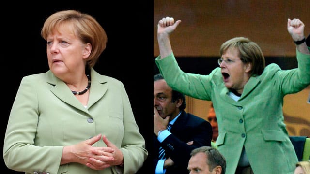 Rechts bejubelt Frau Merkel den DFB-Sieg gegen Griechenland, links gibt sie sich staatsmännisch. Immer dabei: die grüne Jacke. Rechts bejubelt Frau Merkel den DFB-Sieg gegen Griechenland, links gibt sie sich staatsmännisch. Immer dabei: die grüne Jacke.