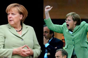 Rechts bejubelt Frau Merkel den DFB-Sieg gegen Griechenland, links gibt sie sich staatsmännisch. Immer dabei: die grüne Jacke.