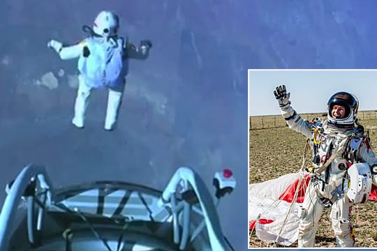 Felix Baumgartners Jubel nach seinem Sprung aus dem All ist groß. Mit 1342 km/h ist er schneller gefallen, als je ein Mensch zuvor