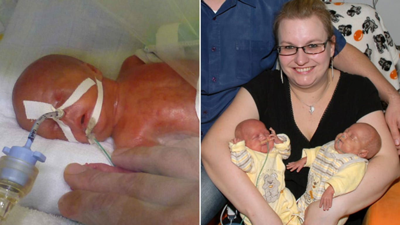 Frühchen Leonie einen Tag nach ihrer Geburt im Uni-Klinikum in Greifswald und drei Monate später mit Zwillingsbruder Niklas und den glücklichen Eltern. :