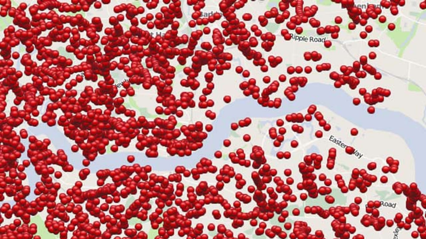 Eine interaktive Karte zeigt deutsche Bombentreffer auf London im Zweiten Weltkrieg.