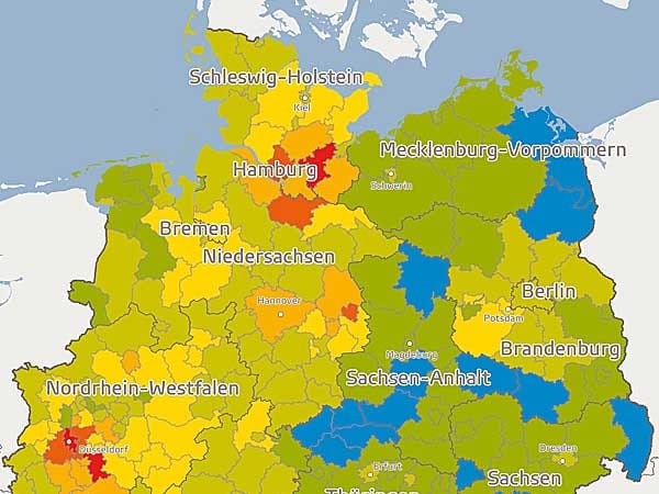 Die Grafik zeigt, wie hoch die Kaufkraft je Einwohner ist. Im Norden Deutschlands sind besonders die Regionen um Hamburg und Düsseldorf kapitalkräftig. In Berlin, Brandenburg und Sachsen dagegen ist die Kaufkraft sehr gering.