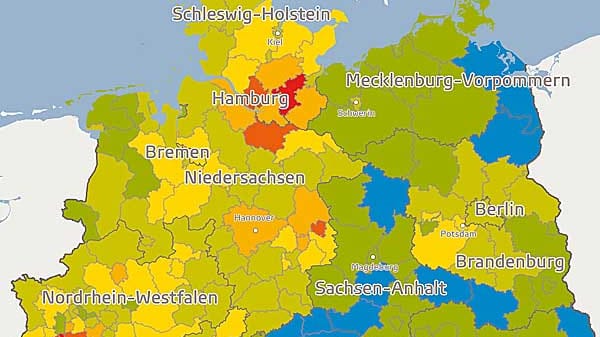 Die Grafik zeigt, wie hoch die Kaufkraft je Einwohner ist. Im Norden Deutschlands sind besonders die Regionen um Hamburg und Düsseldorf kapitalkräftig. In Berlin, Brandenburg und Sachsen dagegen ist die Kaufkraft sehr gering.