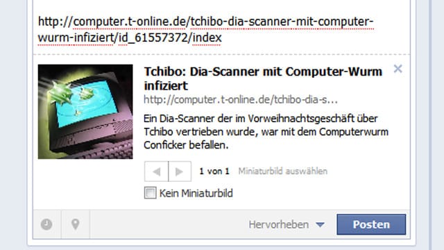 Facebook-Funktion erzeugt Vorschaubild.