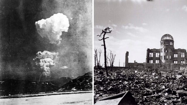 Das Bild wurde etwa 30 Minuten nach dem Angriff auf Hiroshima aufgenommen. Rechts der "Atombomben-Dom" nach der Detonation. Das Bild wurde etwa 30 Minuten nach dem Angriff auf Hiroshima aufgenommen. Rechts der "Atombomben-Dom" nach der Detonation.