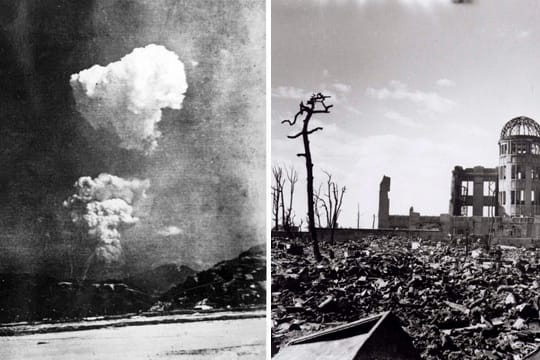 Das Bild wurde etwa 30 Minuten nach dem Angriff auf Hiroshima aufgenommen. Rechts der "Atombomben-Dom" nach der Detonation.
