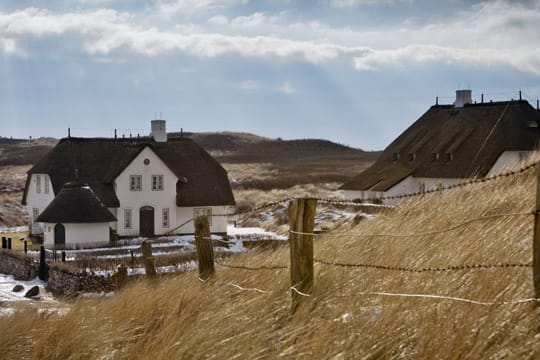 Blick aus den Dünen auf das bekannte Reetdachhaus Haus Kliffende in Kampen/Sylt