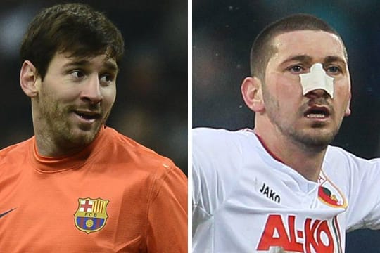 Noch steht Lionel Messi (li.) in Sachen Toranteil vor Augsburgs Sascha Mölders.