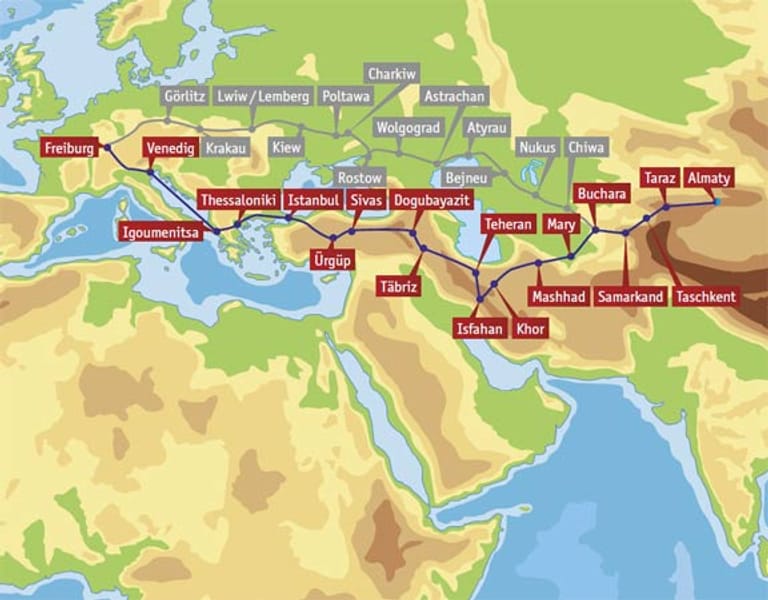Die erste Etappe führt von Freiburg nach Almaty. Die komplette Weltreise kostet 64.400 Euro, diese Etappe gibt es für 10.900 Euro.