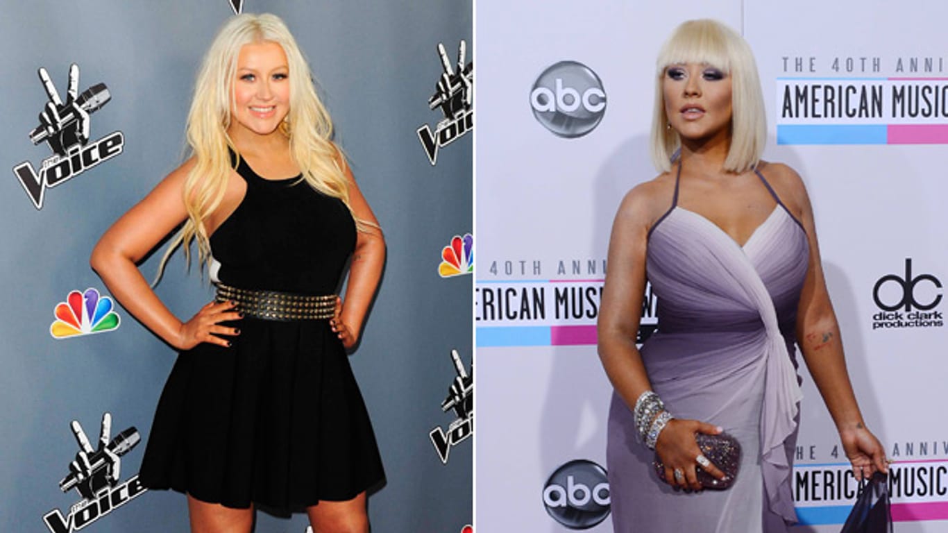 Christina Aguilera im kleinen Schwarzen im März 2013 (li.) und bei den American Music Awards im November 2012 (re.).
