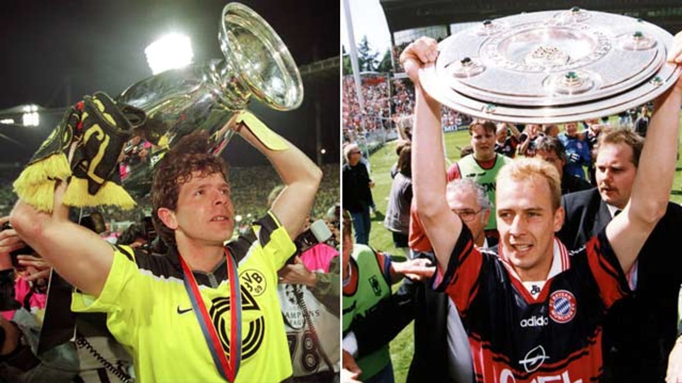 Bilder aus dem Jahr 1997: Dortmunds Möller (li.) bejubelt den Champions-League-Titel, Basler freut sich über die Meisterschaft.