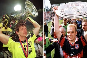 Bilder aus dem Jahr 1997: Dortmunds Möller (li.) bejubelt den Champions-League-Titel, Basler freut sich über die Meisterschaft.