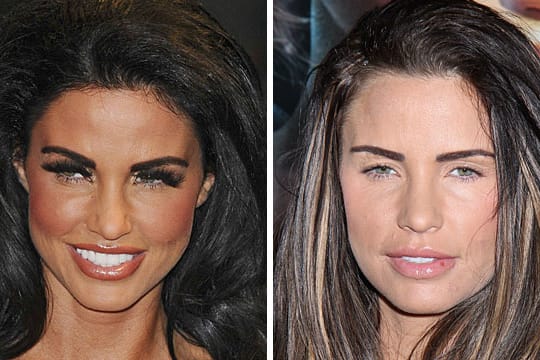 Ein Unterschied wie Tag und Nacht: Katie Price stark geschminkt und einmal sehr dezent.